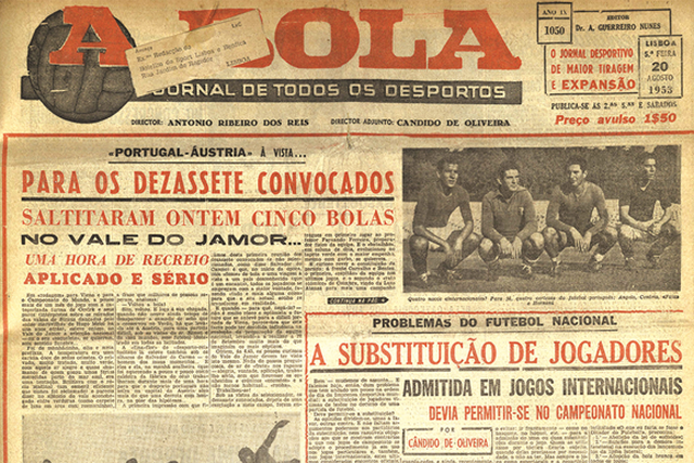 Primeira página de A BOLA a 20 de agosto de 1953