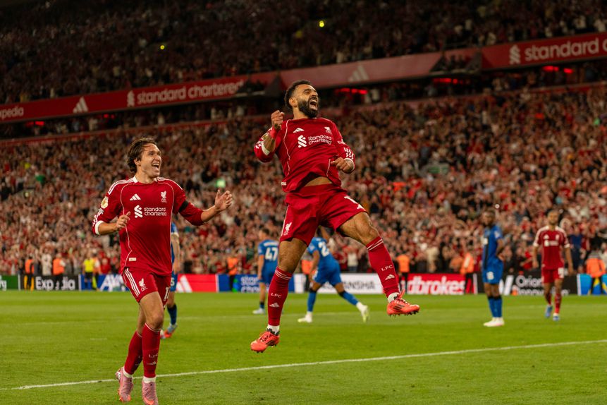 Mohamed Salah a celebrar o 4-2 do Liverpool ao Bournemouth