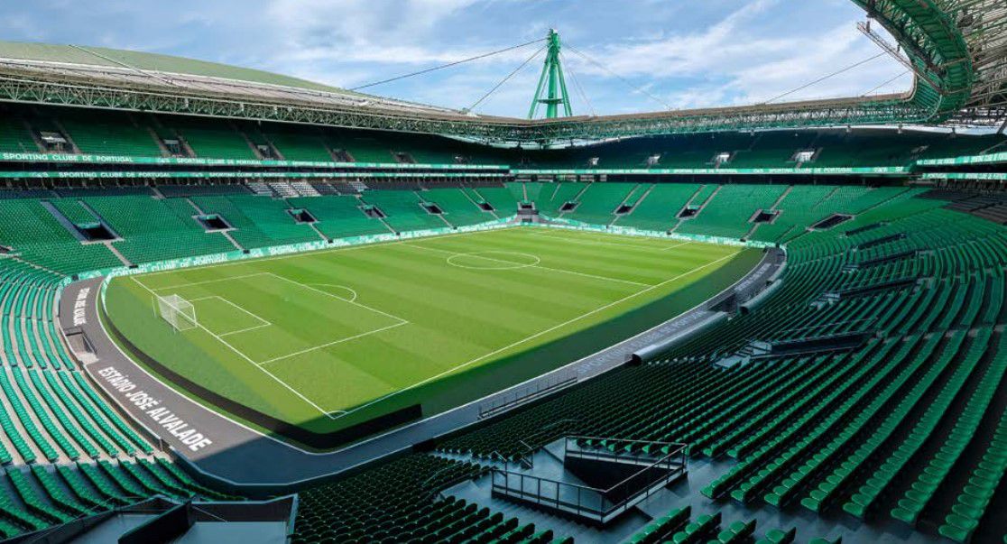 Vista geral do estádio José Alvalade, de cadeiras verdes e já sem fosso, imagem do projeto de remodelação do estádio do Sporting