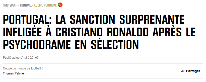 RMC Sport (França): «Portugal: a surpreendente sanção imposta a Cristiano Ronaldo após o drama na seleção»