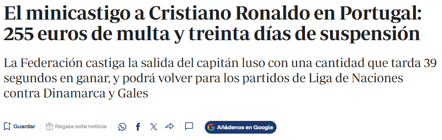 ABC (Espanha): «O 'minicastigo' imposto a Cristiano Ronaldo em Portugal: multa de 255 euros e trinta dias de suspensão»