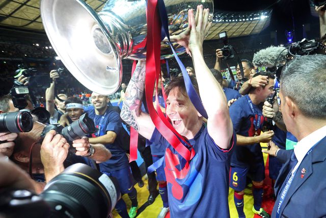 Lionel Messi a celebrar a conquista da UEFA Champions League com o Barcelona em 2015