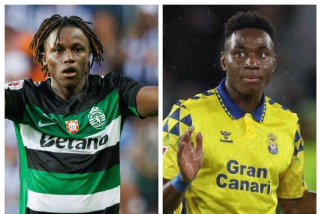 Geovany Quenda equipado à Sporting e Dário Essugi com o equipamento do Las Palmas, ambos em jogo