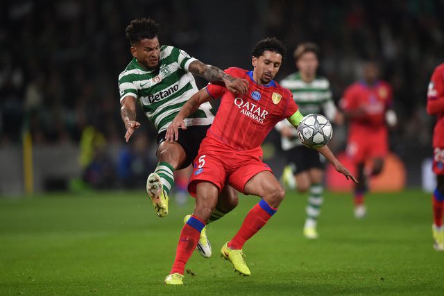 Luis Suárez e Marquinhos no Sporting-PSG na Champions League (Foto: Miguel Nunes)