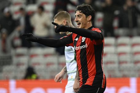 Tiago Gouveia marcou dois golos na vitória do Nice sobre o Go Ahead Eagles na Liga Europa — Foto: IMAGO