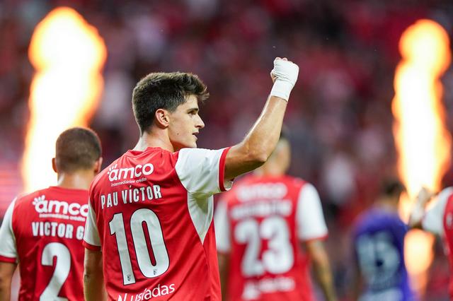 Pau Víctor marcou, aos 25 minutos, de penálti, o primeiro golo do SC Braga diante do Áustria Viena — Foto: Hugo Delgado/LUSA