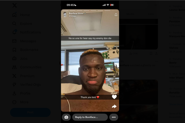 Victor Boniface depois de sofrer acidente de viação