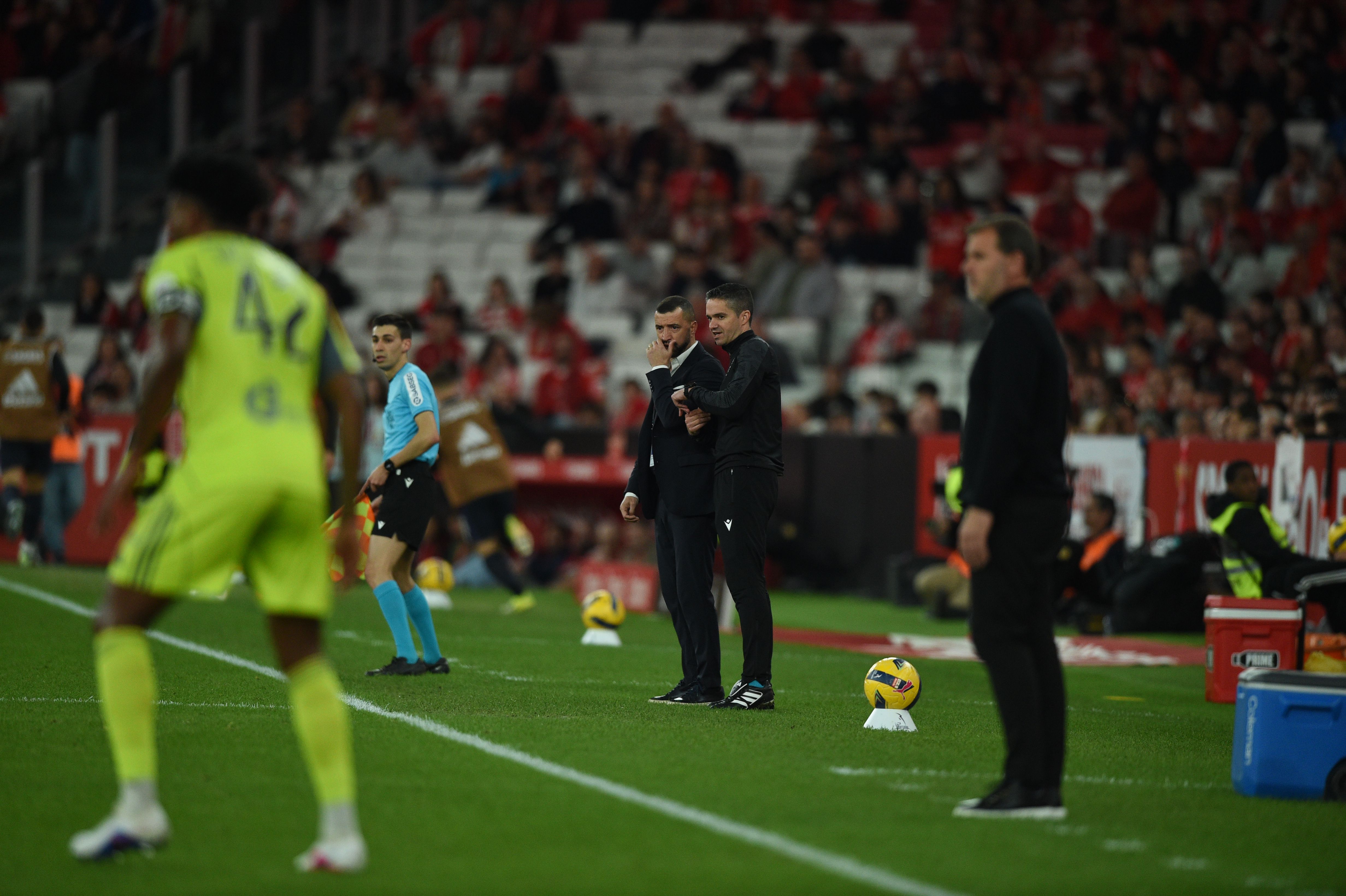 Simão Sabrosa, dirigente do Benfica, à conversa com o 4.º árbitro - Foto: Sérgio Miguel Santos