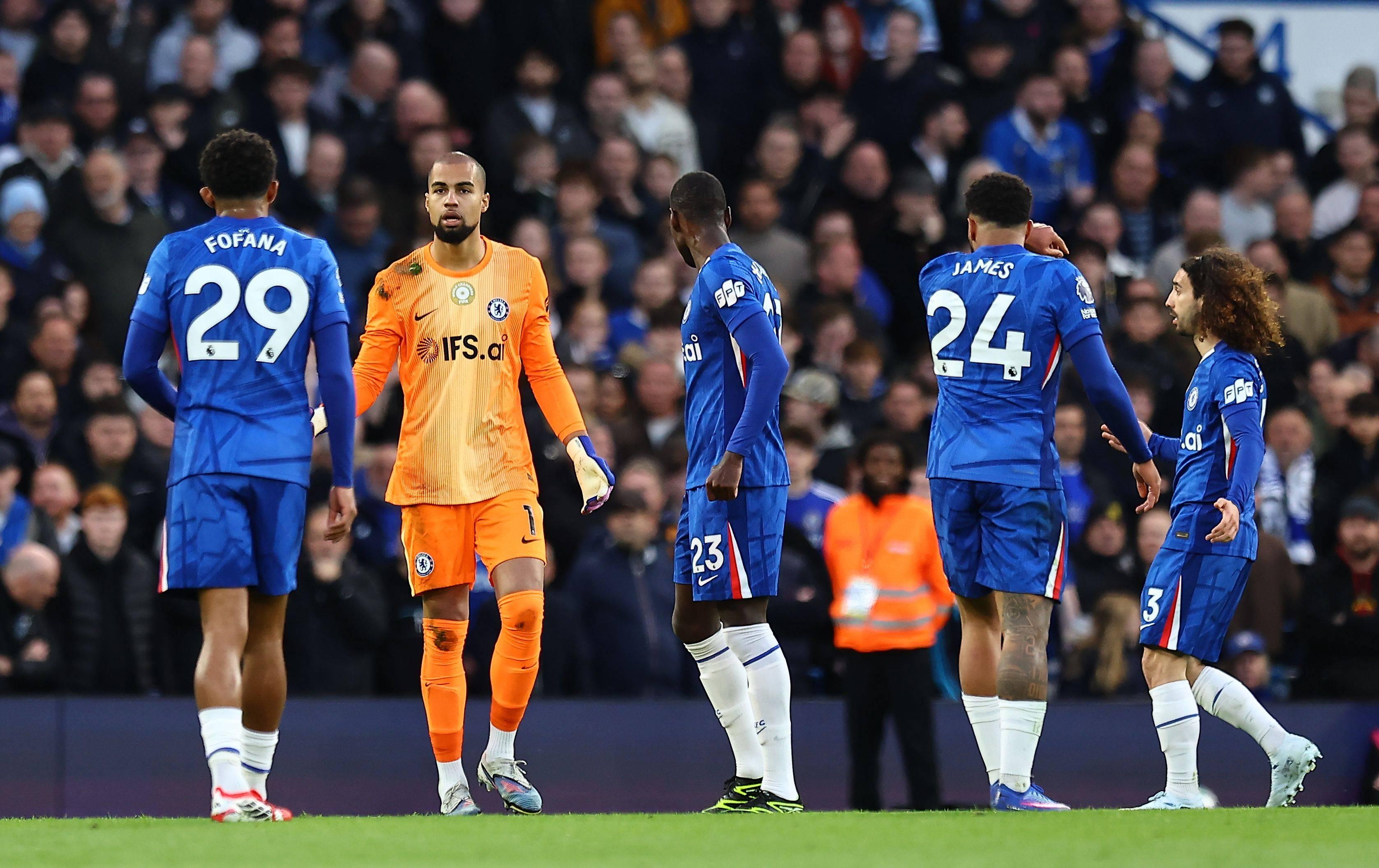 Jogadores do Chelsea em Stamford Bridge para a Premier League