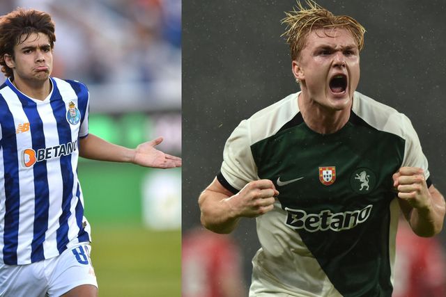 Montagem de imagens de Rodrigo Mora e de Conrad Harder, ambos celebrando um golo que marcaram