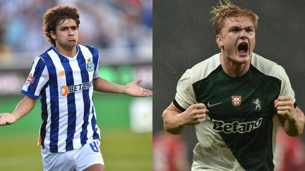 Montagem de imagens de Rodrigo Mora e de Conrad Harder, ambos celebrando um golo que marcaram