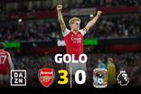 Odegaard falha o remate, mas engana Rushworth e faz o 3-0 do Arsenal