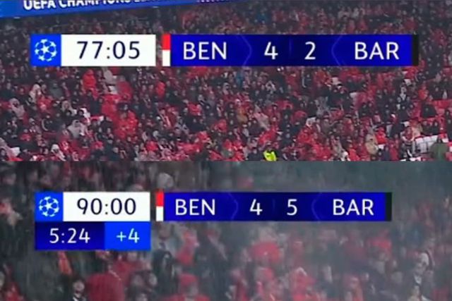 Marcador aos 78' assinala Benfica-Barcelona, 4-2, enquanto aos 90+6' assinal 4-5