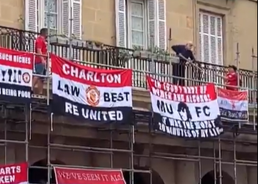 Momento em que o idoso tenta afastar adepto do Man. United com recurso a um pau, em Bilbau