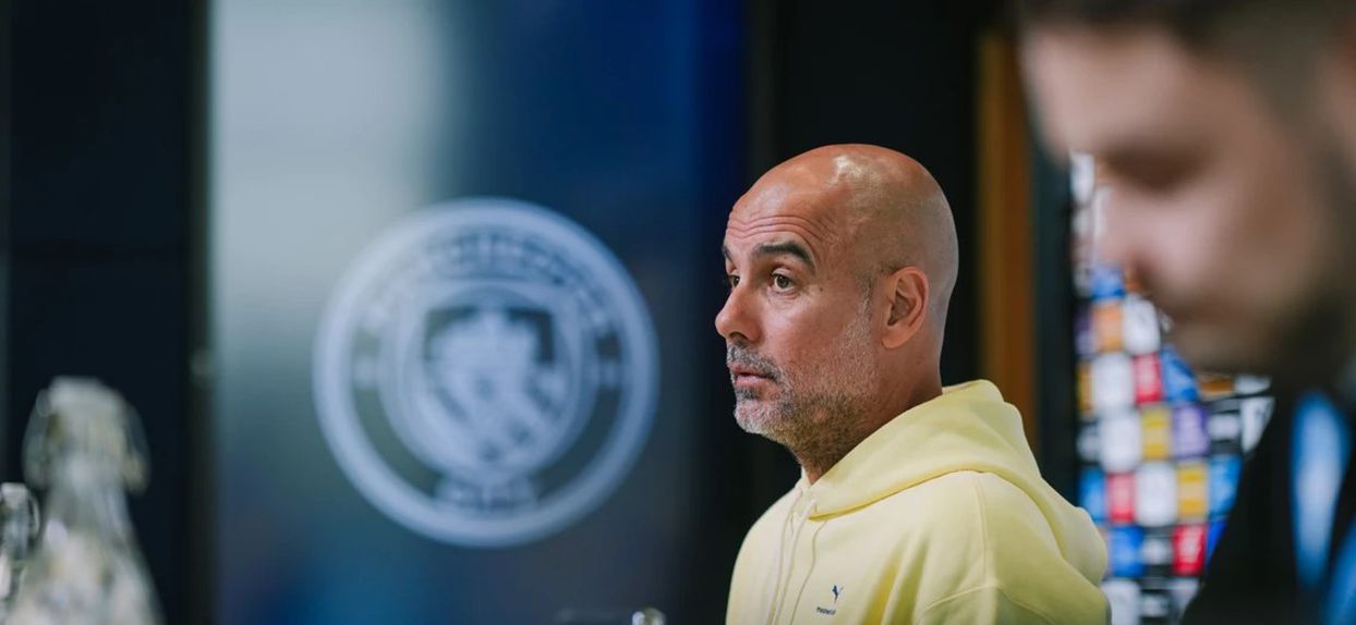 Pep Guardiola na conferência de imprensa em antevisão ao jogo com o Tottenham Foto: Manchester City