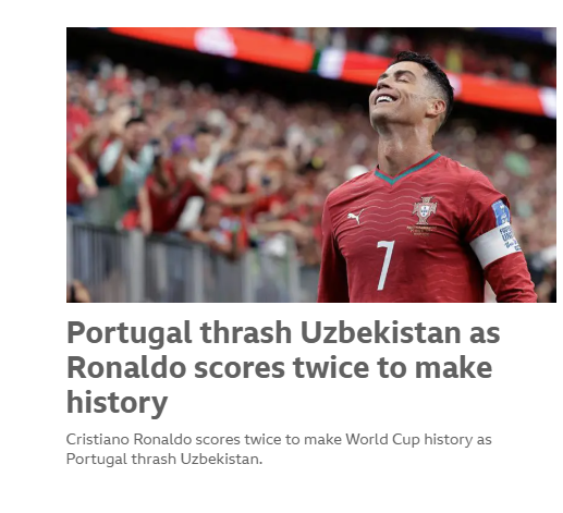 BBC Sports (Inglaterra): «Portugal trucida Uzbequistão enquanto Ronaldo marca duas vezes para fazer história»
