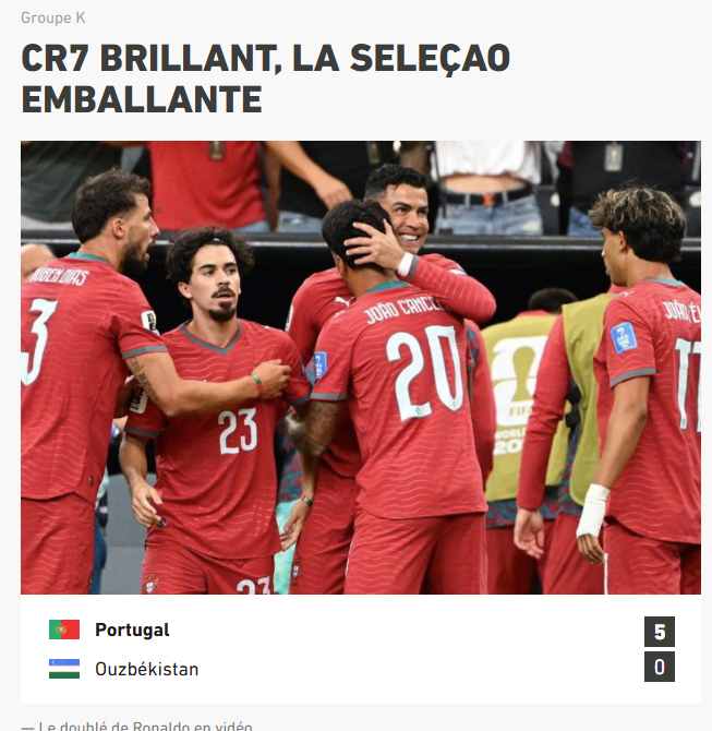 L'Équipe (França): «CR7 brilhante. Seleção entusiasmante.»