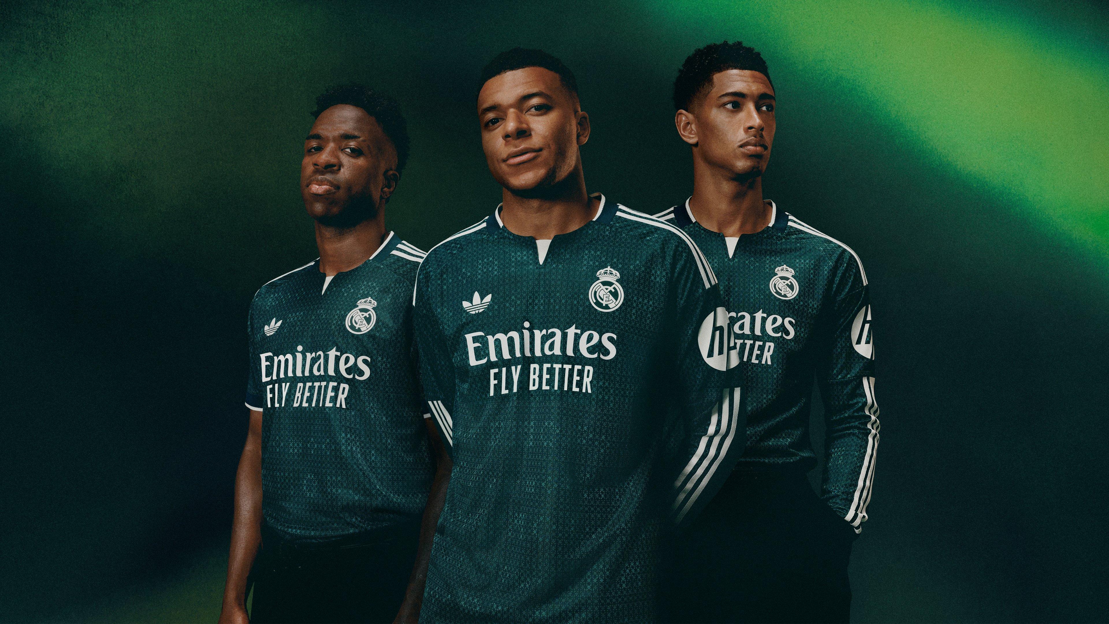 Vinícius Jr. Mbappé e Bellingham exibem a nova camisola - Foto: Real Madrid