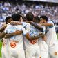 Jogadores do Marselha a festejarem um dos cinco golos ao Paris FC