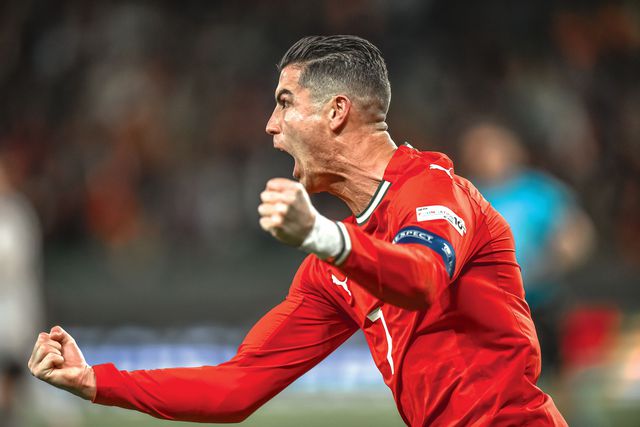CR7 festeja golo de Portugal frente à Dinamarca na segunda mão dos quartos de final da Liga das Nações 2025, a 23 de março de 2025, em Alvalade. FOTO MIGUEL NUNES