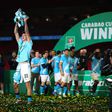 Jogadores do Manchester City a festejarem a conquista da Taça da Liga inglesa