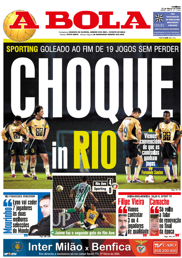 A primeira página de A BOLA a assinalar a estrondosa derrota do leão
