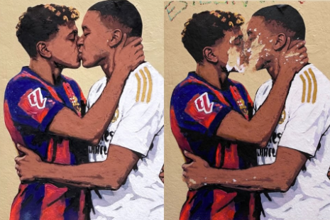 Mural que depicta um beijo entre Yamal e Mbappé. Foto: Instagram