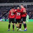 Jogadores do Man. United a festejarem o golo de Sesko ao Everton