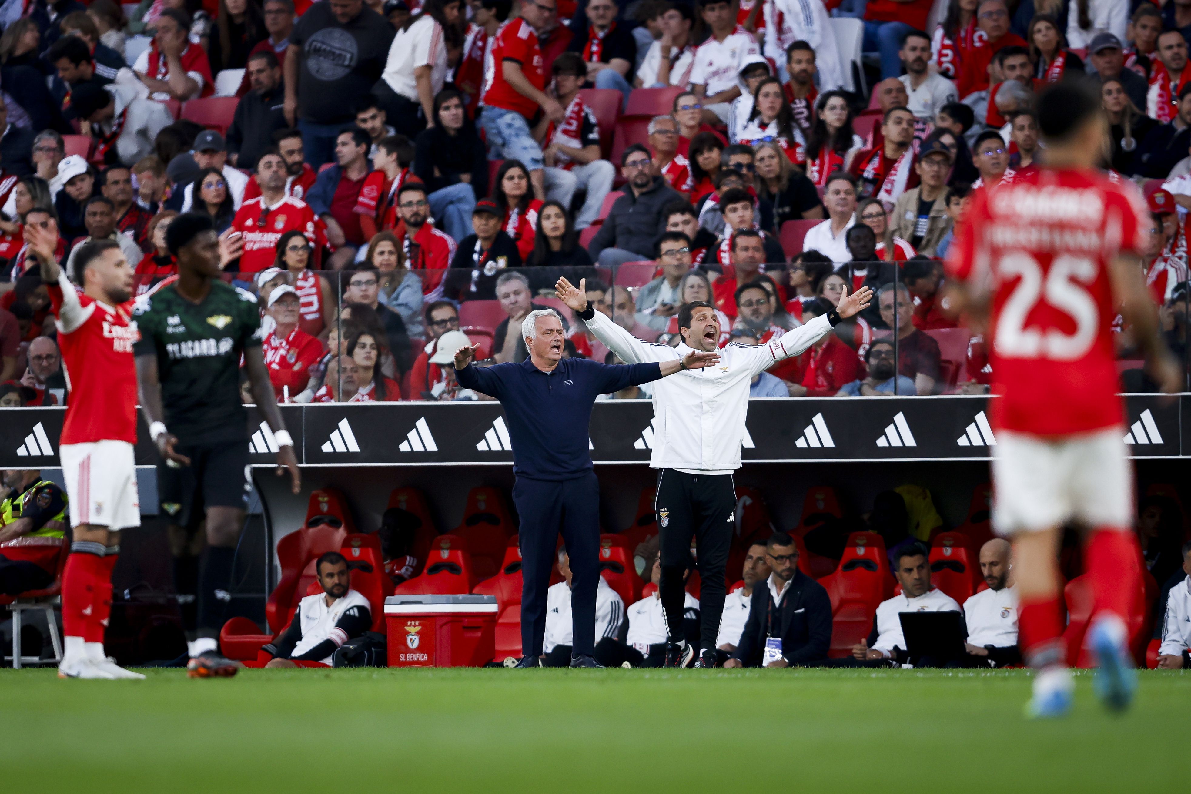 Mourinho e João Tralhão reclamam no banco do Benfica  - Foto: Filipe Amorim/LUSA