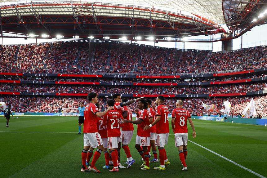 Jogadores do Benfica festejam golo na Luz. Foto: Filipe Amorim/LUSA