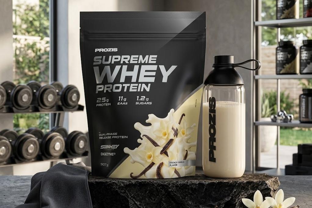 Embalagem de Prozis Supreme Whey Protein num ginásio, acompanhada por um shaker cheio, uma toalha de treino e flores de baunilha sobre uma base de pedra.