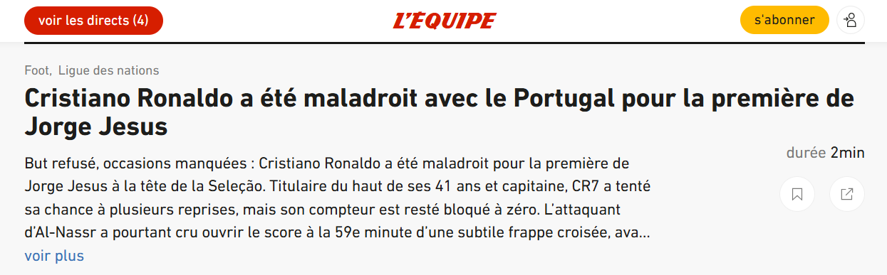 L'Équipe - Ronaldo mostrou-se desajeitado com Portugal no primeiro jogo da era Jorge Jesus. Um golo anulado e oportunidades desperdiçadas