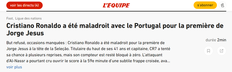 L'Équipe - Ronaldo mostrou-se desajeitado com Portugal no primeiro jogo da era Jorge Jesus. Um golo anulado e oportunidades desperdiçadas