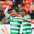 Jota a festejar o primeiro golo no regresso ao Celtic com Reo Hatate