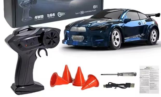 Super Mini Carro de Drift 4WD 1/64 com comando remoto e outros itens