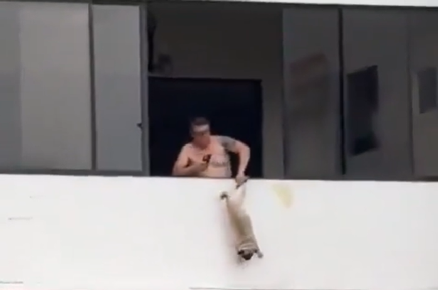 Momento em que Bonilla pendura o cão pela janela. Foto: X