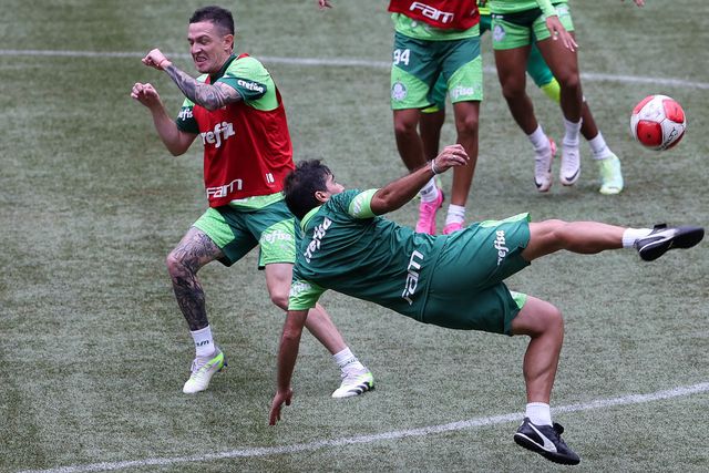 Abel Ferreira testa o novo relvado do Allianz Parque com um pontapé acrobático