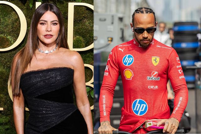 Montagem de duas fotos: Sofia Vergara numa cerimónia de entrega de prémios e Lewis Hamilton numa corrida de F1 com o fato da Ferrari