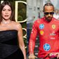 Montagem de duas fotos: Sofia Vergara numa cerimónia de entrega de prémios e Lewis Hamilton numa corrida de F1 com o fato da Ferrari