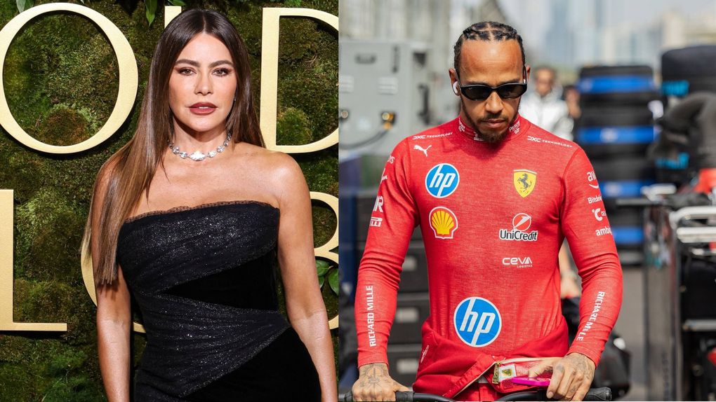Montagem de duas fotos: Sofia Vergara numa cerimónia de entrega de prémios e Lewis Hamilton numa corrida de F1 com o fato da Ferrari
