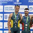 O pódio final do Mundial, Com Vilaça ao centro Ricardo Batista à direita, enquanto Hauser está à esquerda - Foto: EPA/Salvador Sas
