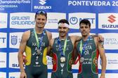 O pódio final do Mundial, Com Vilaça ao centro Ricardo Batista à direita, enquanto Hauser está à esquerda - Foto: EPA/Salvador Sas