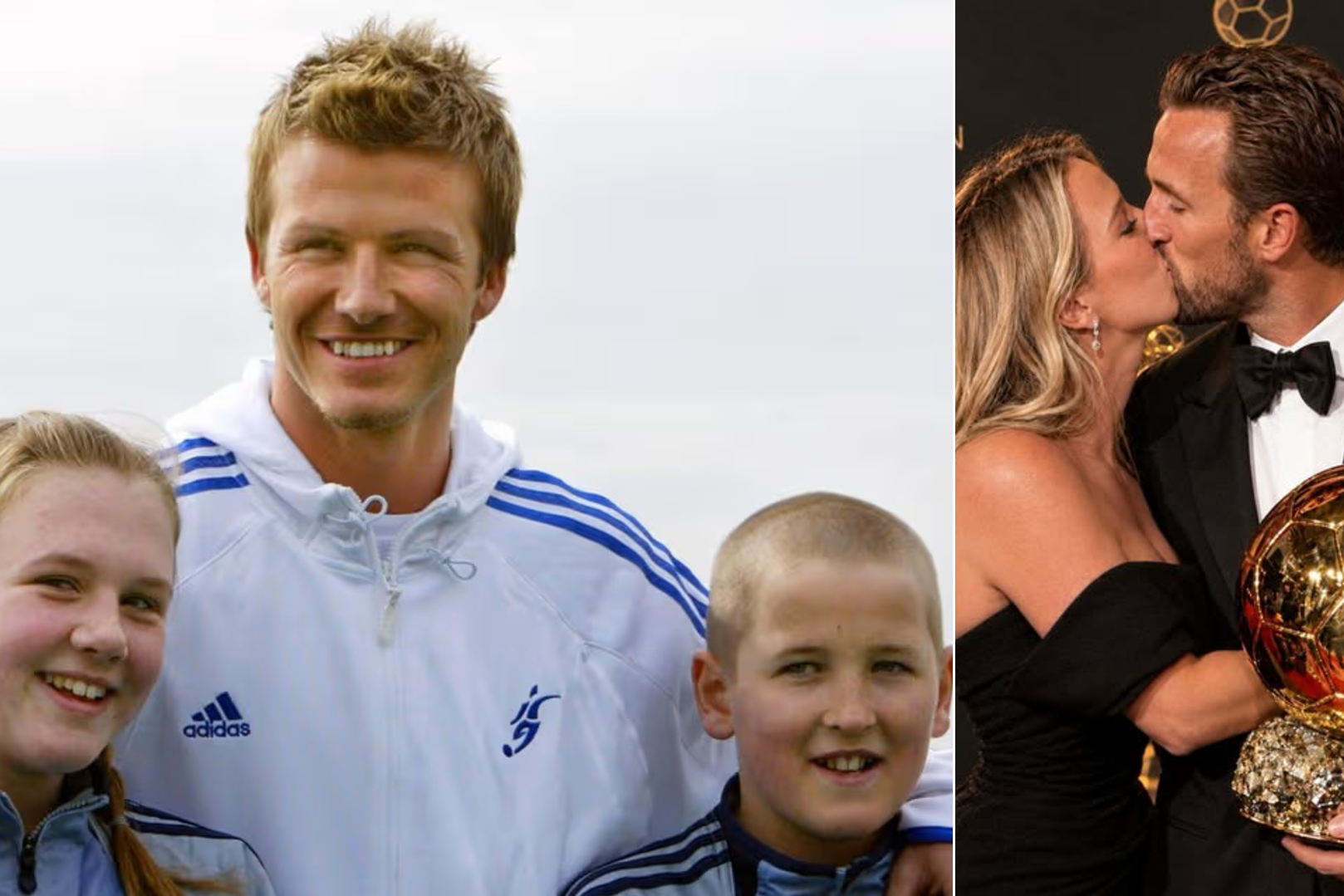Harry Kane e a esposa Katie Goodland com David Beckham em 2005 e esta segunda feira com a Bola de Ouro - fotos: IMAGO