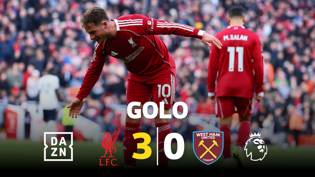 Nem deixou cair: Mac Allister fez o terceiro do Liverpool com um grande remate