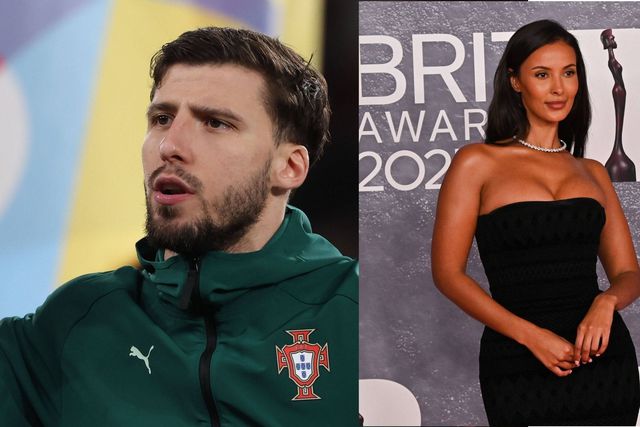 Montagem de duas fotos, uma Rúben Dias a jogar por Portugal  e outra Maya Jama nos Brit Awards 2025
