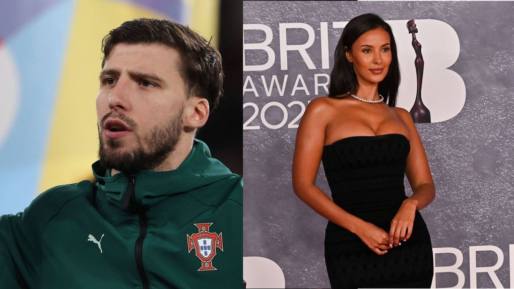 Montagem de duas fotos, uma Rúben Dias a jogar por Portugal  e outra Maya Jama nos Brit Awards 2025