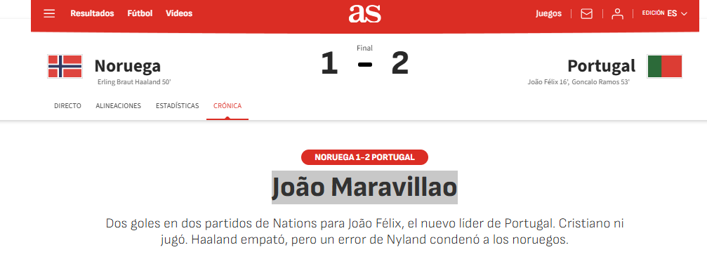 As (Espanha): João «Maravilhão» Félix foi a figura de Portugal para o jornal espanhol, que frisou que Ronaldo «não entrou apesar de ter aquecido».