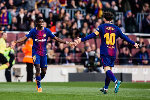 Dembélé e Messi juntos no Barcelona