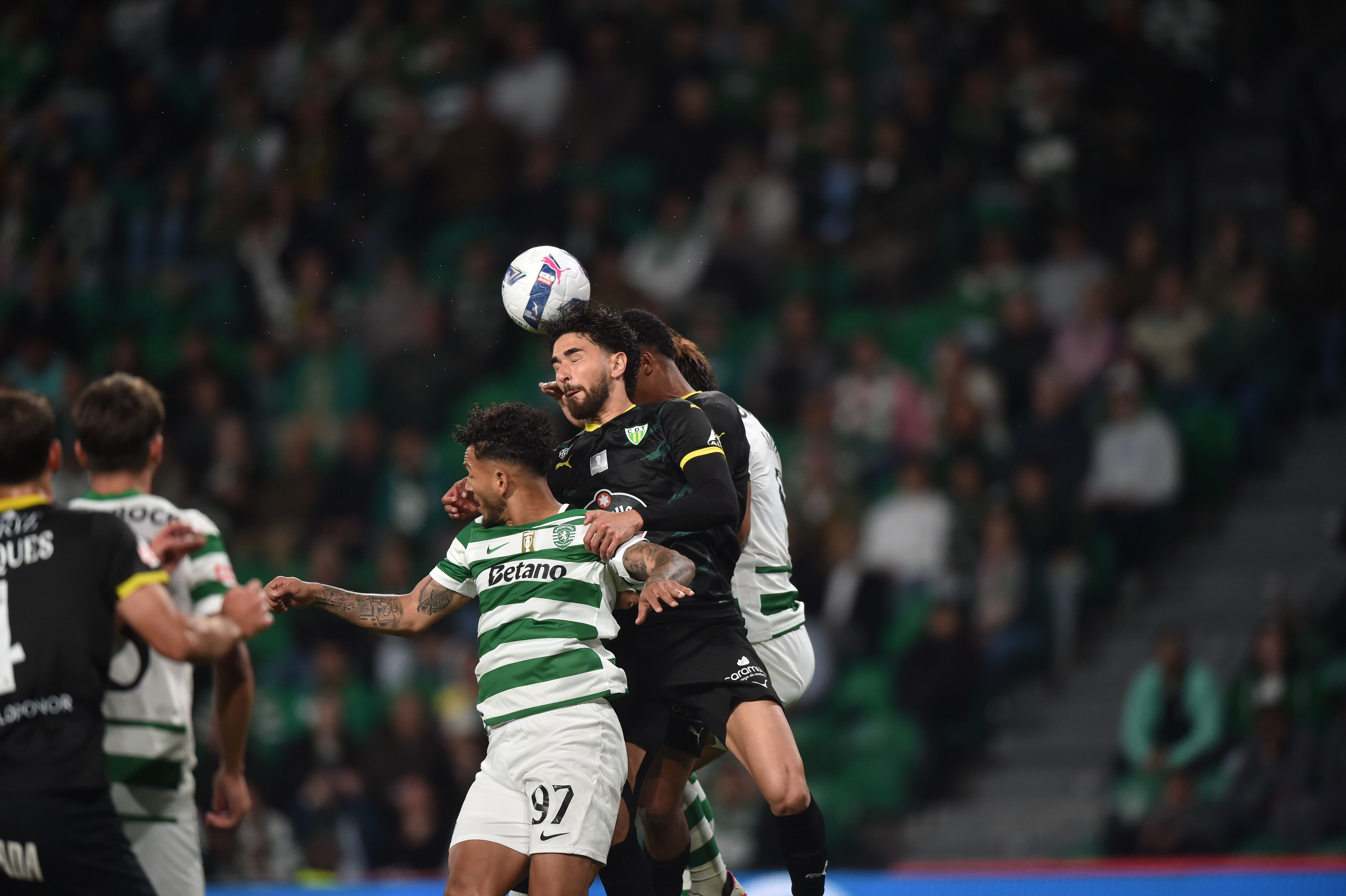 Posse do esférico disputada nas alturas. Foto: Miguel Nunes (Sporting -  Tondela)