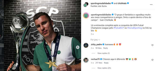 «Aqui é diferente» - o comentário de Rocha a uma publicação de Chishkala no Instagram